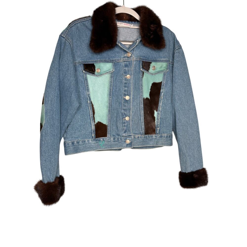 Jacket Happy by Debbie Clemens blue and brown cow hide denim jacket fur lined